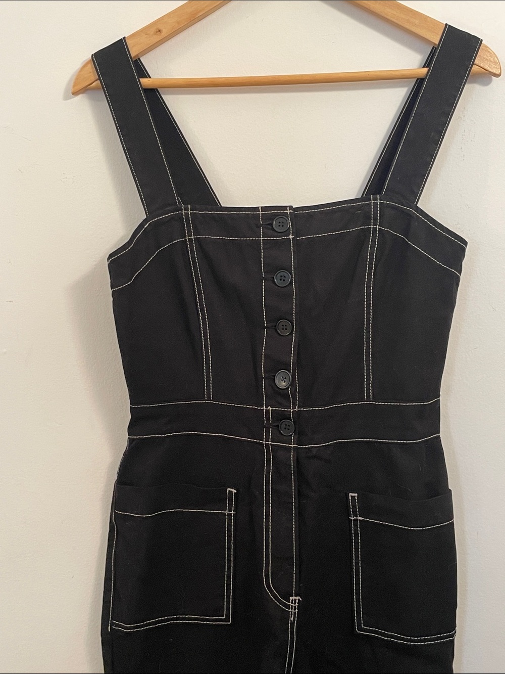 Reformation Black Contrast-Stitch Button-Front Denim Overalls - Picture 1 of 5
